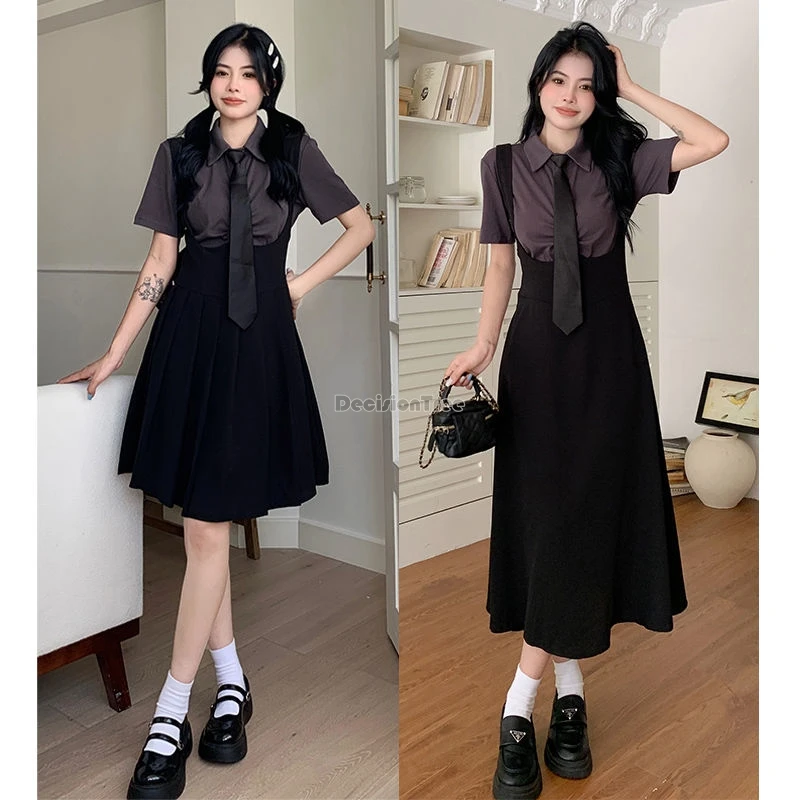 

2024 new Women's fashion elegant retro style preppy jk uniform short sleeve shirt + pleated mid-length/long sundress jk set w745