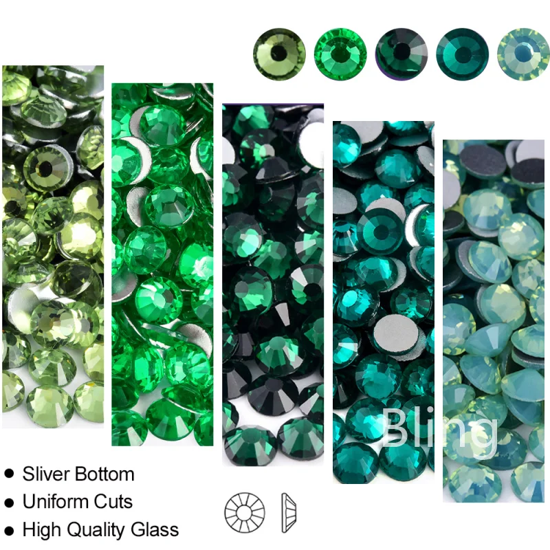 2028 Green Color Non Hotfix Rhinestones Glitter Flatback Nails Strass Glue On Crystals For Nail Art Nail Charms B0035