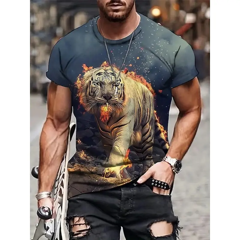 

3D Print Animal Graphic Men's T-Shirt Fashion Creative Tiger Pattern Short Sleeve Tees Summer Round Neck Casual Clothes For Male