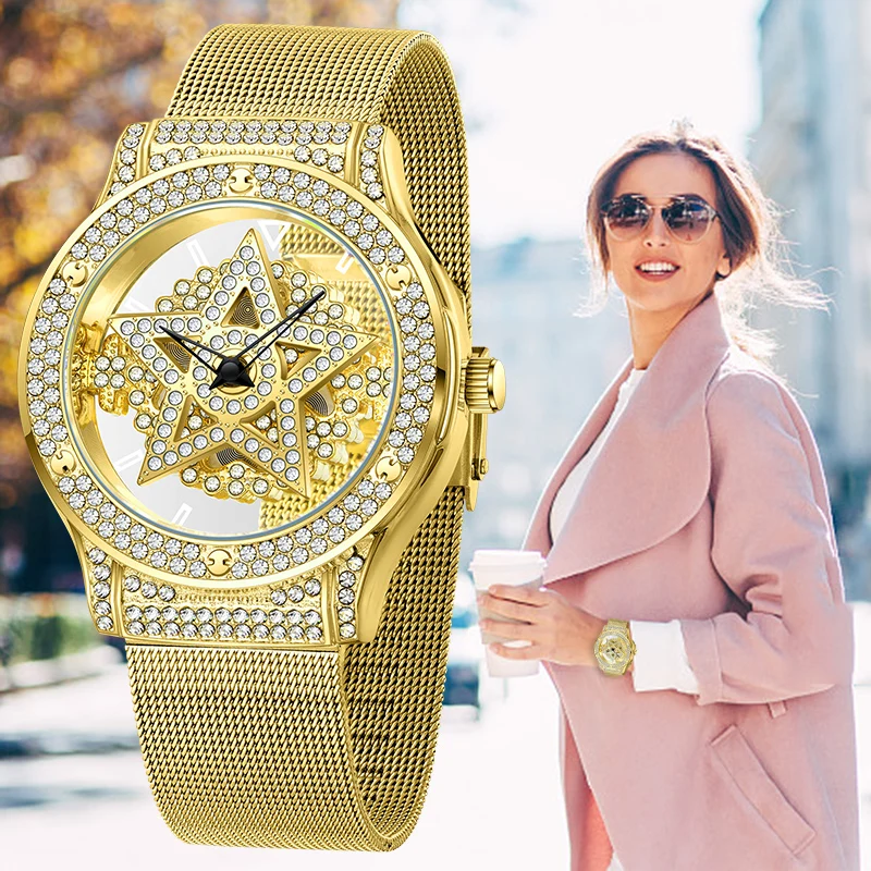 Luxury Women Fashion Gold Watches Qualities Diamond Studded Quartz Watch Ladies Mesh Belt Wristwatches Elegant reloj mujer 2023