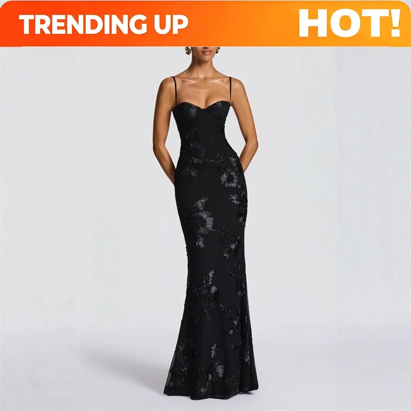 Vestido de noche floral premium con tirantes finos, espalda descubierta estilo francés, largo y ajustado, para mujer, ideal para invitadas de boda y fiestas elegantes.