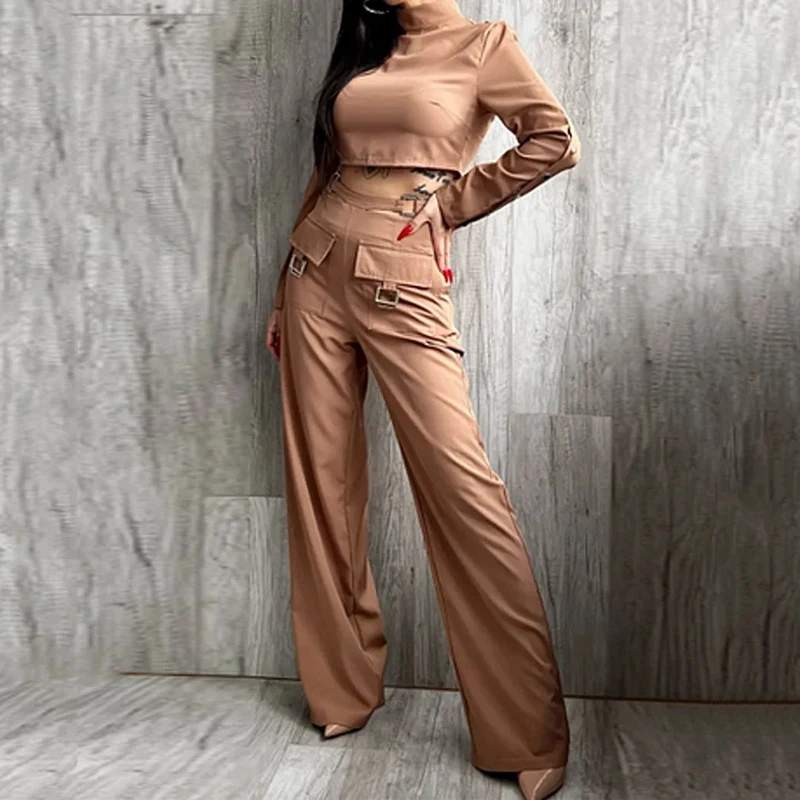 Wefads Women 2 Piece Set Fashion Solid Long Sleeve High Neck High Waist With Buttons Top Crossover Buckle Design Cargo Pants Set