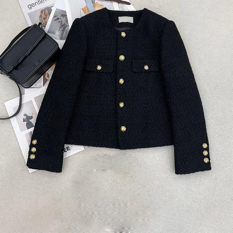 Vintage Style Purplish Blue Tweed Jacket Round Neck French Elegance Commuting Spring Autumn Trendy Fashion Outerwear