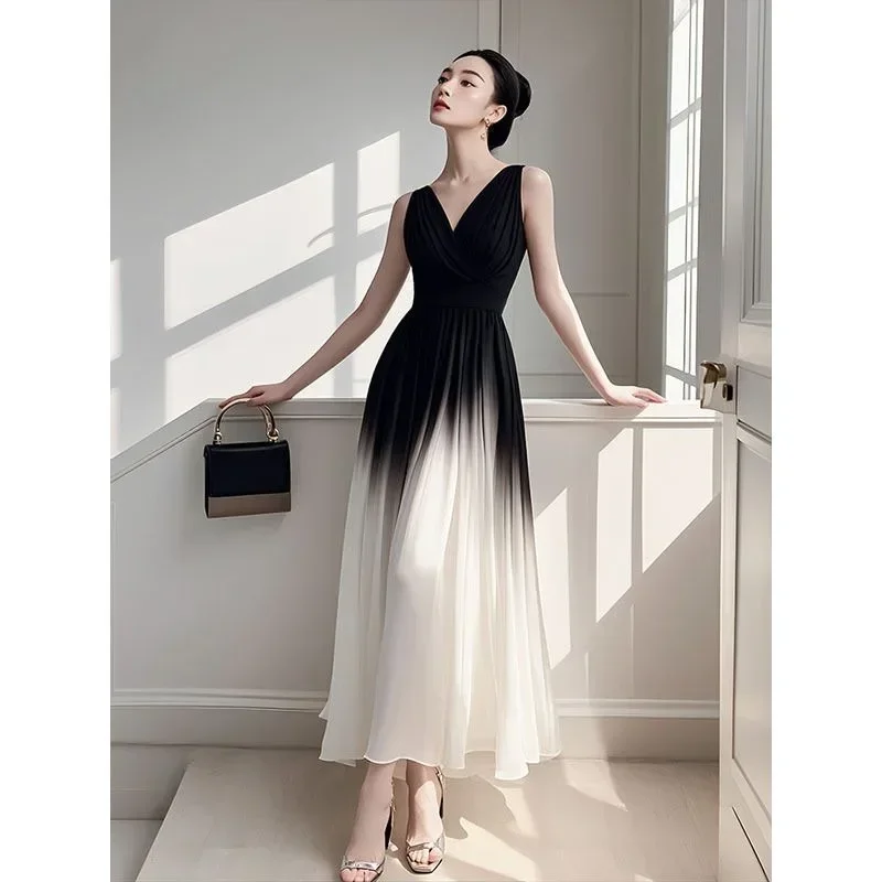 Robe sans manches en mousseline de soie, jupe longue, style sans collision, nickel é noir et blanc, unique, beau tempérament, offre spéciale, 25, 600