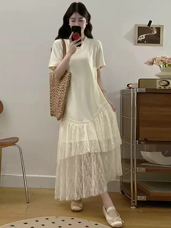 Grande taille Patchwork Dr femmes été ample minceur Ele coréen Sle H-Line longue Sve ronde Ne ort Sve T-shirt...