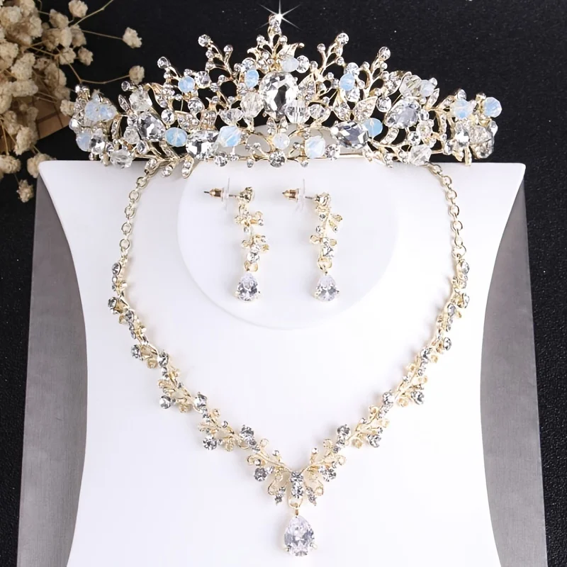 3 Pcs Baroque Crystal Bridal Jewelry Set Vintage Gold Color Rhinestone Wedding Tiara Crown Necklace Earring Set For Women Bride