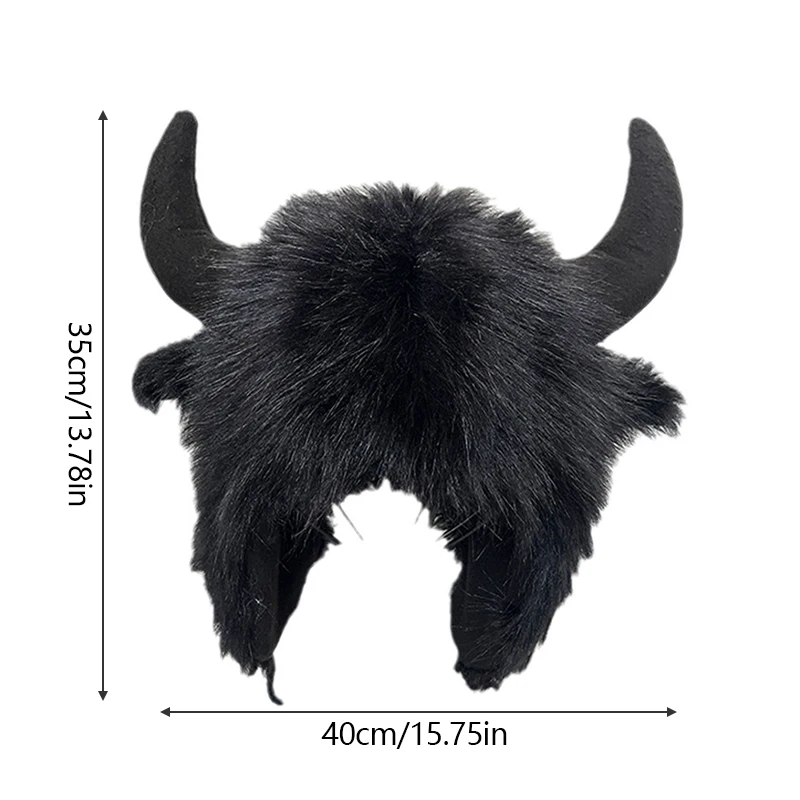 3Color Thick Plush Fluffy Cow Horn Hat Personalized Warm Soft Winter Autumn Outdoor Ski Sport Travel Halloween Party Cosplay Cap