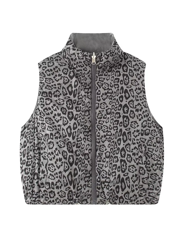 Damska zimowa moda HH, dwustronna kamizelka z bawełny puchowej w stylu retro z dzikim wzorem panterki, damska, codzienna, ciepła, zapinana na zamek, z kieszeniami.
