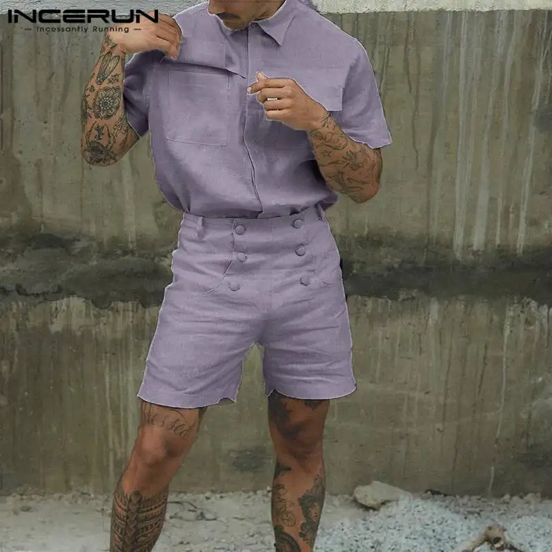 INCERUN Men Sets Solid Color Lapel Short Sleeve Shirt & High Waist Shorts 2PCS Summer Streetwear 2024 Fashion Men\'s Casual Suits