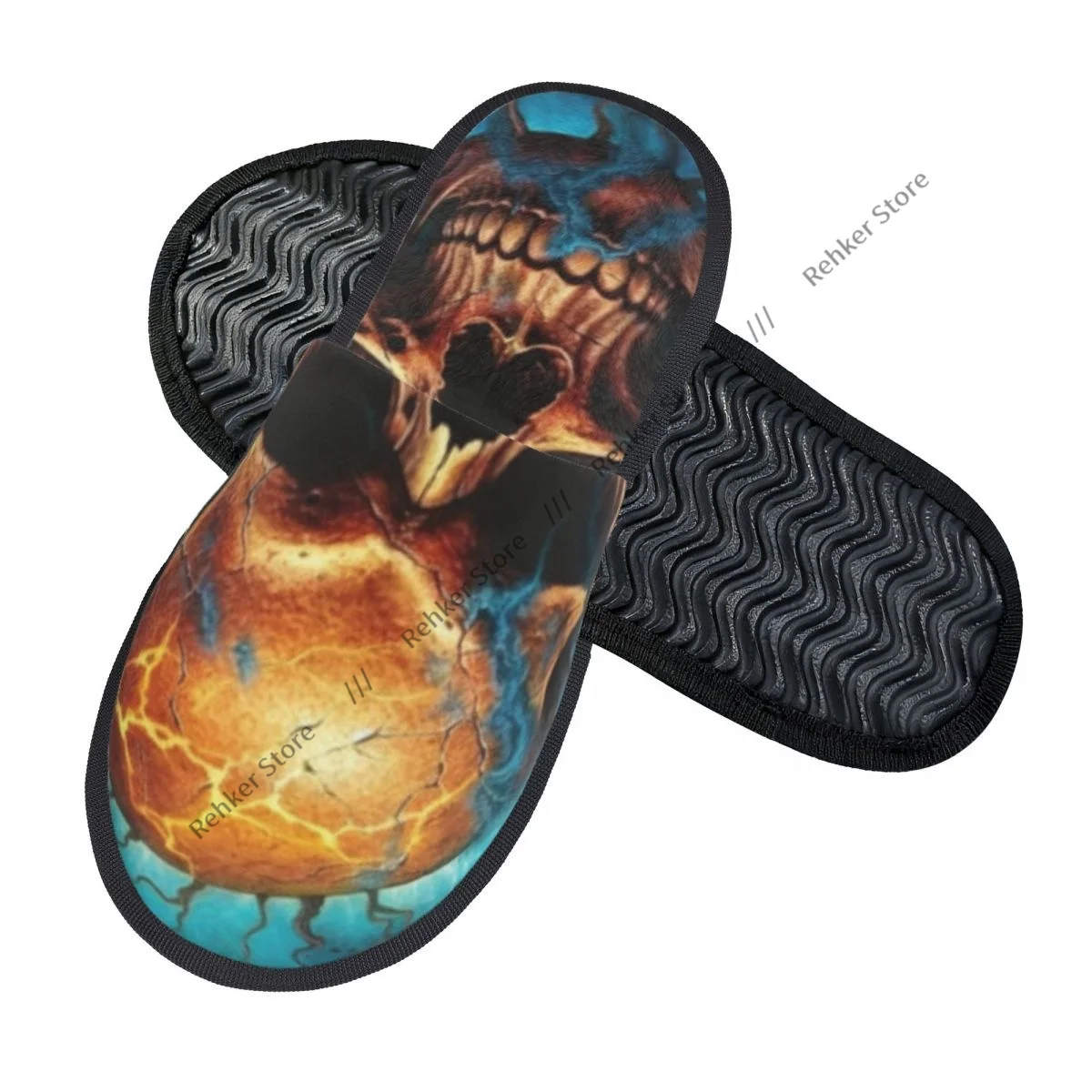 Soft Slippers Human Skull With Burning Eyes And Cracked Earth Non-Slip Floor Indoor Home Furry Slippers Shoes For Bedroom