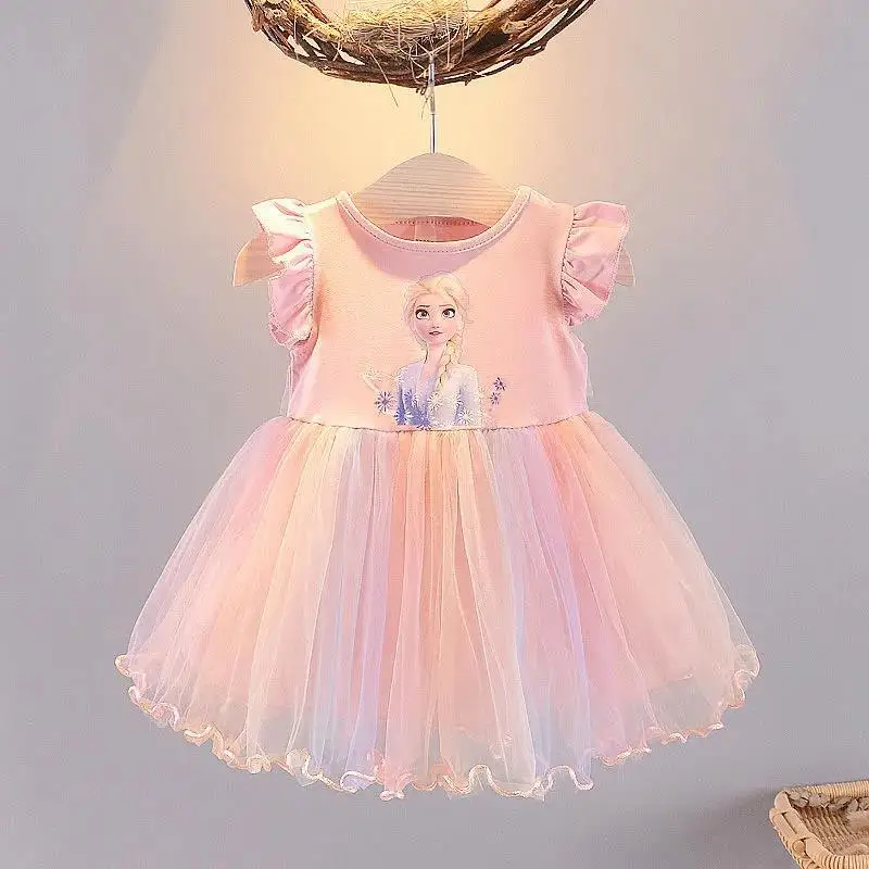 Vestidos de princesa de Frozen infantil, mangas voadoras, roupas de festa, roupas de bebê meninas, verão, novo, 2024