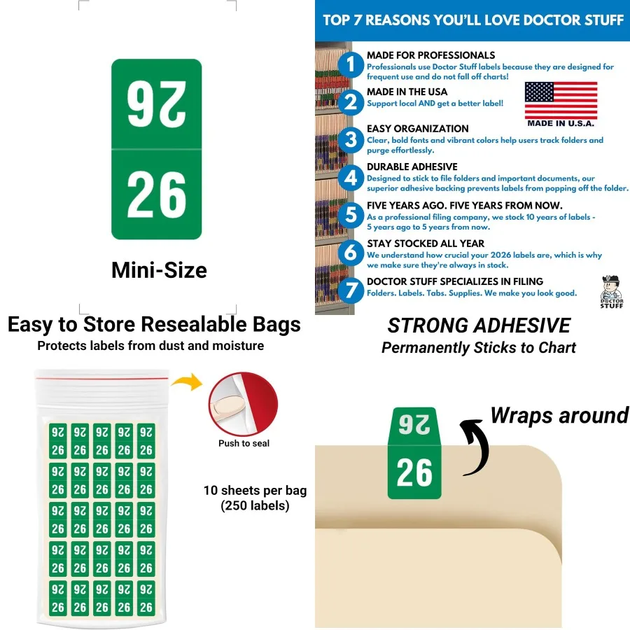 2026 MINI Top Tab Year Adesivos Verde Compatível com Smead Top Tab Doctor Stuff 2026 Gráfico Adesivos EUA Feito Etiquetas de Ano para F