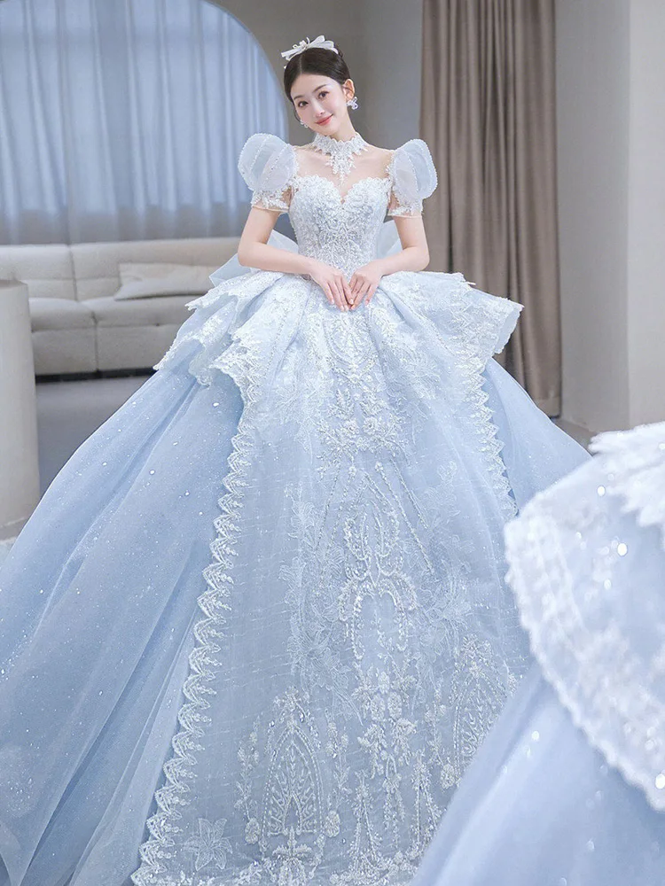 2023 novo gelo azul vestidos de casamento shinny lantejoulas vestido de casamento com trem de luxo rendas vestido de baile vestido de princesa para as mulheres