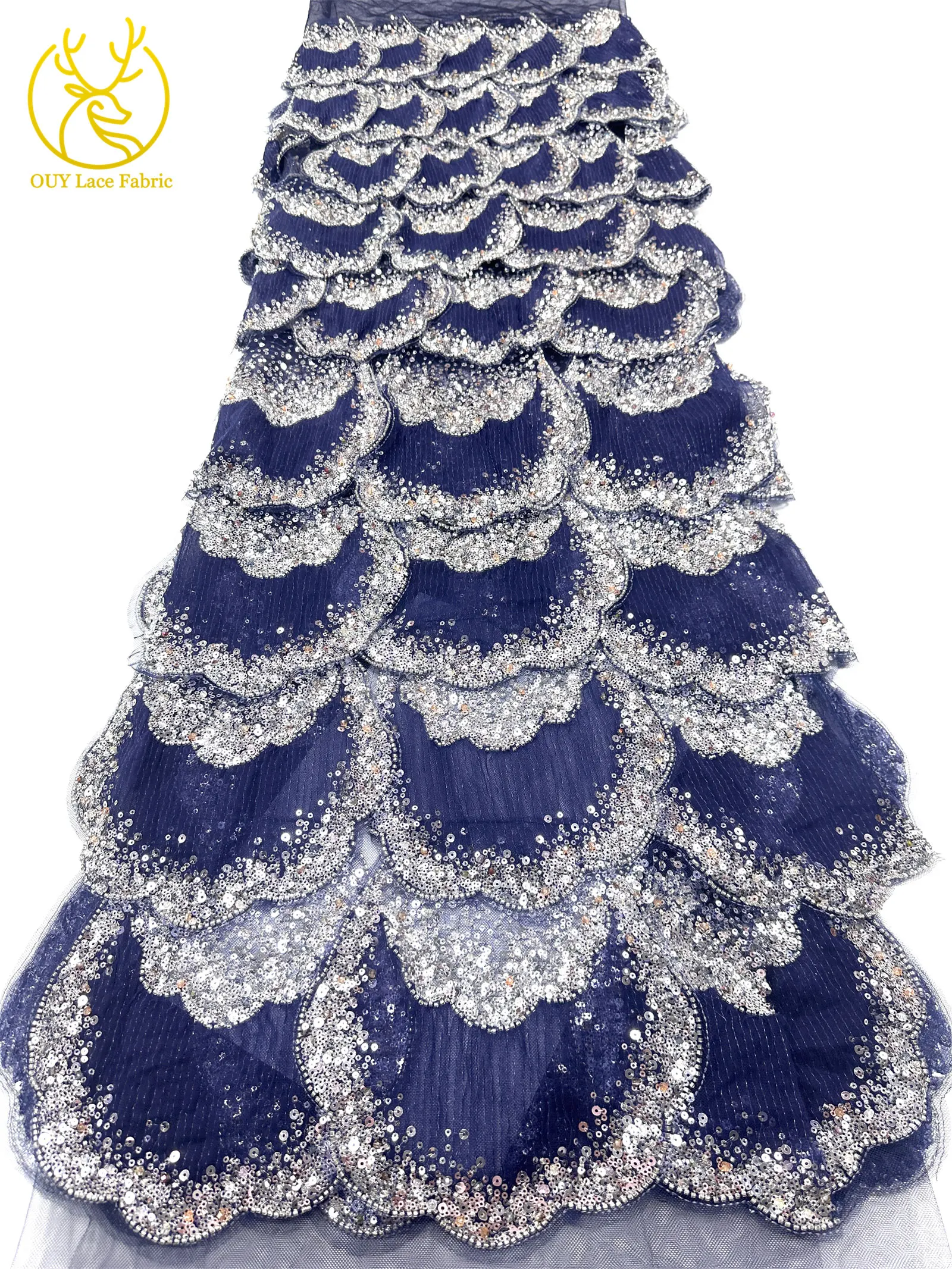 3D-Stickerei mit Pailletten und Perlen, marineblaue afrikanische Spitze, französischer Tüll, Netzspitze für Braut, Hochzeit, DIY, handgemachtes Nähen – Detail 32