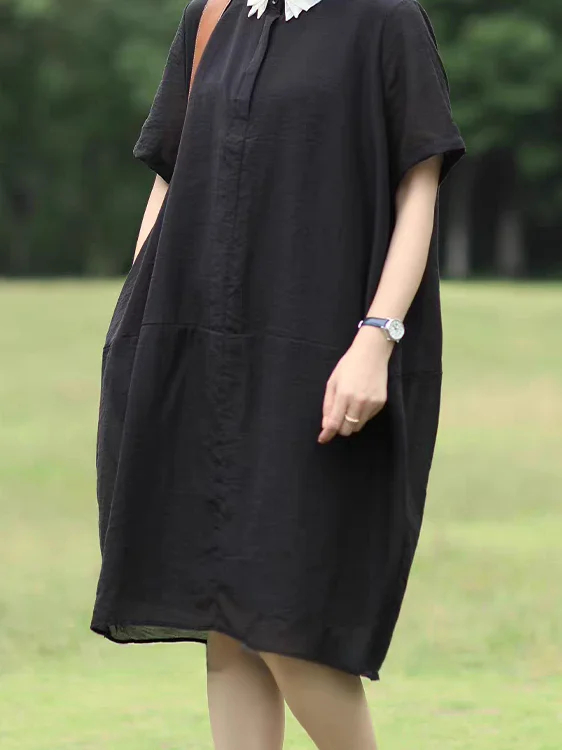 우아한 순색 린넨 셔츠 드레스 한국 스타일 출퇴근용 루즈핏 허리 여름 패션 여성 드레스 미디 길이 A라인 스커트