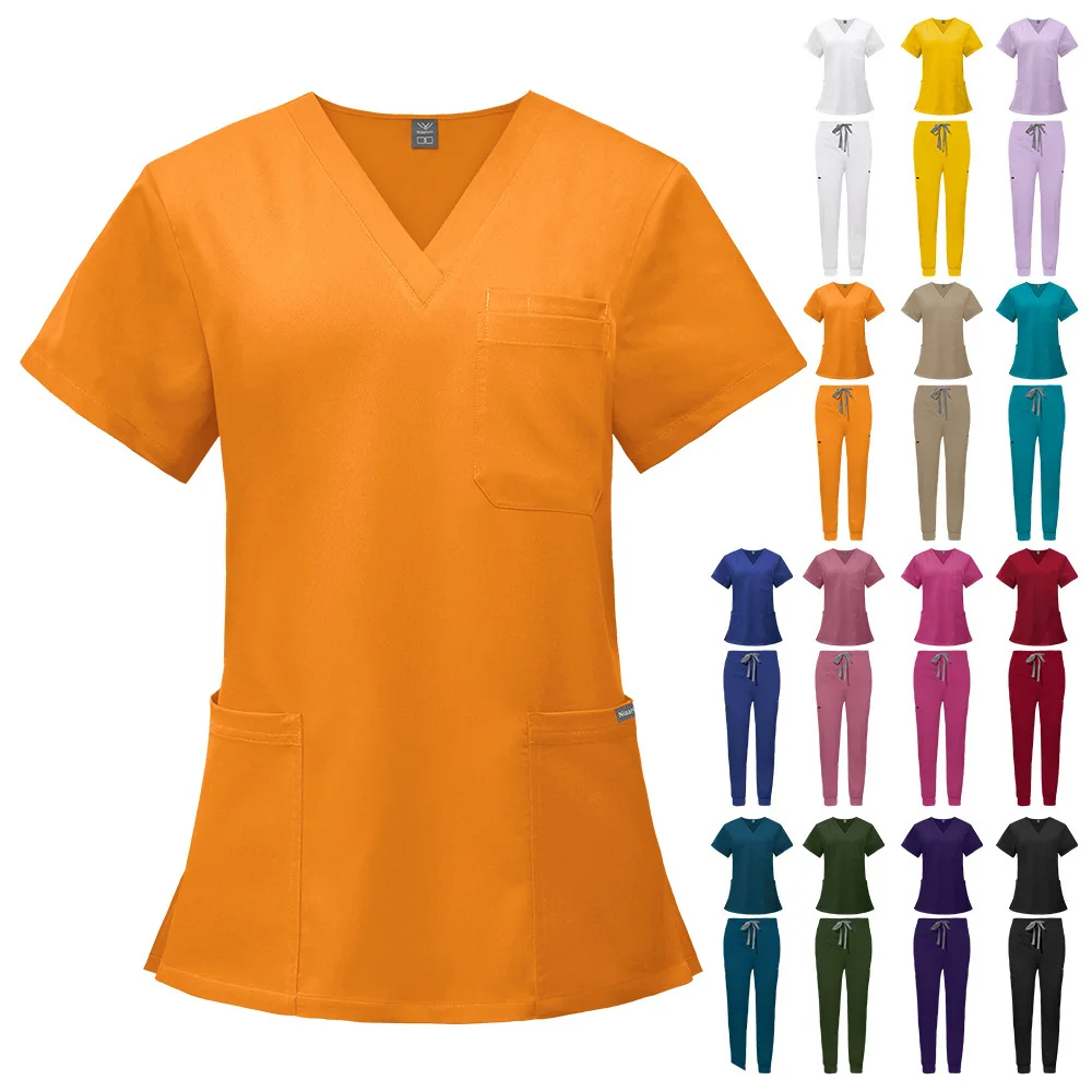 V Neck Scrub Set Short Sleeve Top & Drawstring Jogger Pants Stretch Medical Nurse Uniform Jogger Scrubs Hospital Clinic Workwear