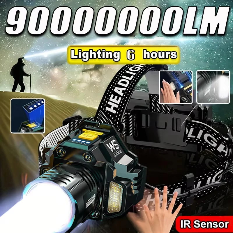 Sensor Headlamp LED Head Flashlight Powerful COB Headlight Head Torch Built-in Battery USB Rechargeable Fishing Camping Lantern