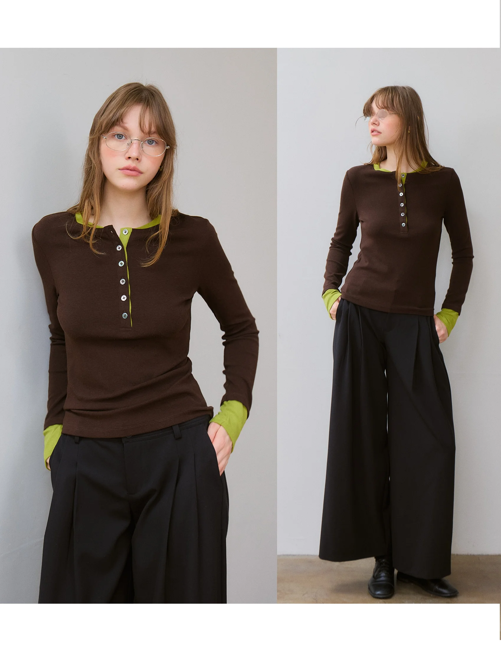 Slim Fit Knitted Base Layer Shirt Long Sleeve Henry Collar T-Shirt Women Autumn Design Sense Inner Wear Overlap Top Cotton Blend