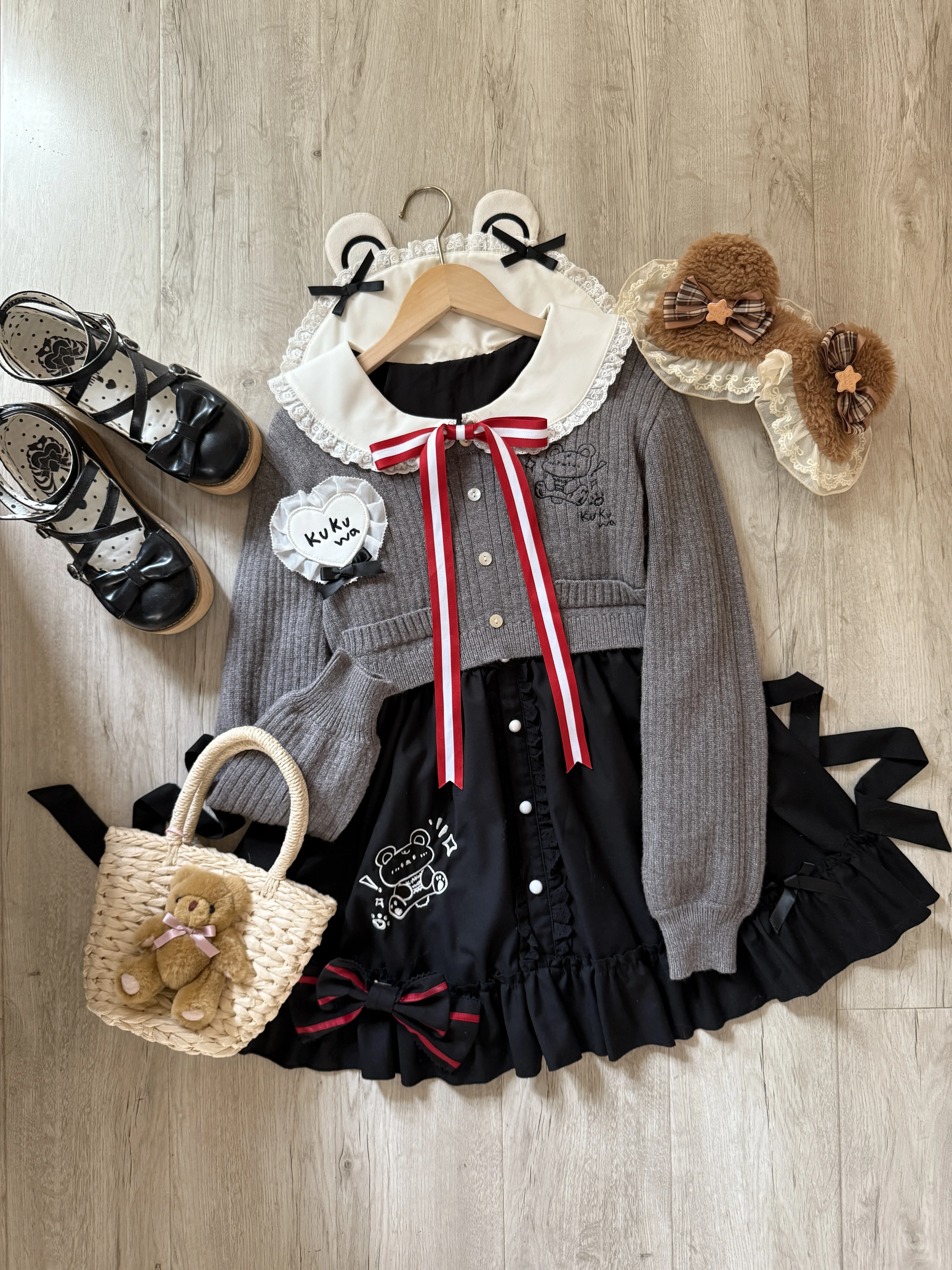 Original Japanese Soft Girls Kawaii Long Sleeve Dress Sweater Set Autumn and Winter New Daughter Kawaii Dress Set Knit Cardigan