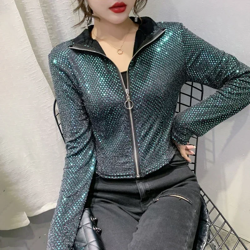 Autumn Jacket Women New Glitter Sequined Short Jacket Female Fashion Long Sleeve Design Sense Trend Spring Zipper Coat