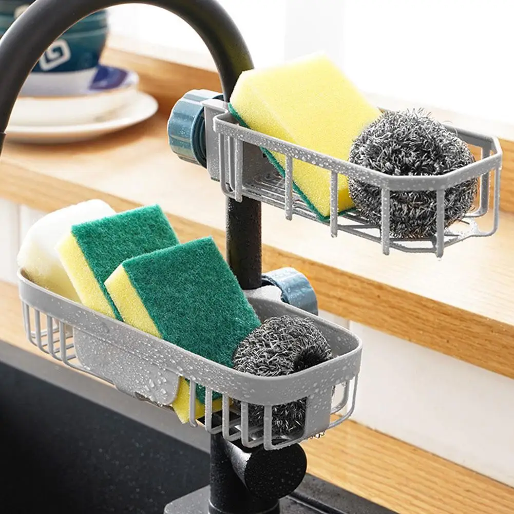 Escurridor de fregadero ajustable con esponja, cesta para grifo de almacenamiento, accesorios, organizador de cocina y baño, soporte para estante escurridor So D9E1