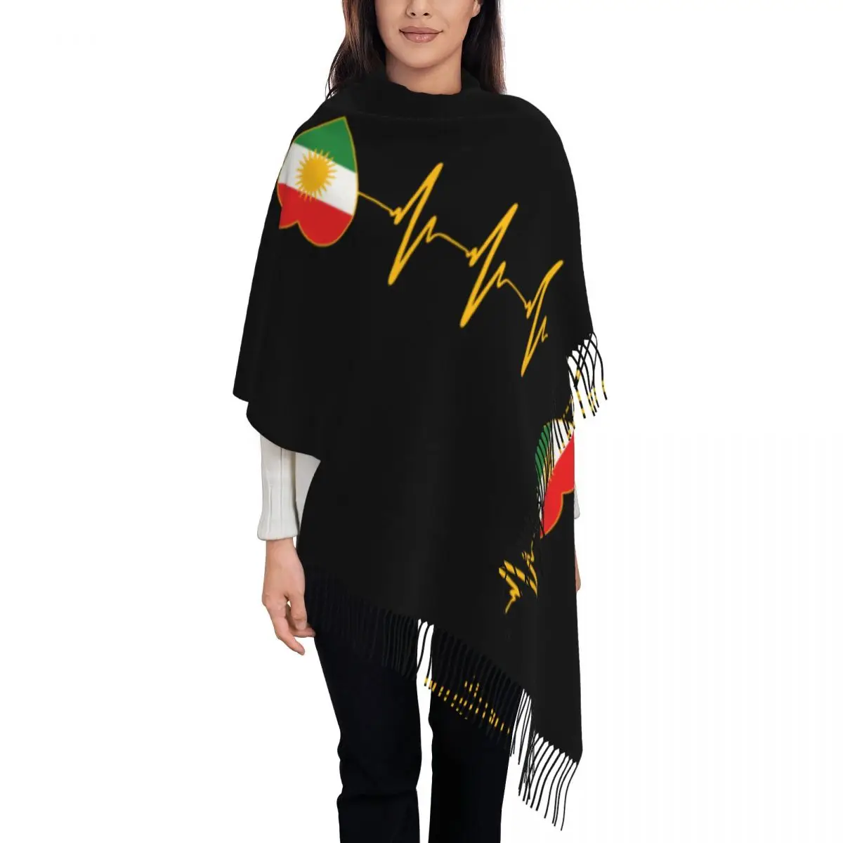 Womens Scarf with Tassel Kurdish Heartbeat Flag I Love Kurdistan Long Winter Warm Shawl Wrap Daily Wear Pashmina Scarves