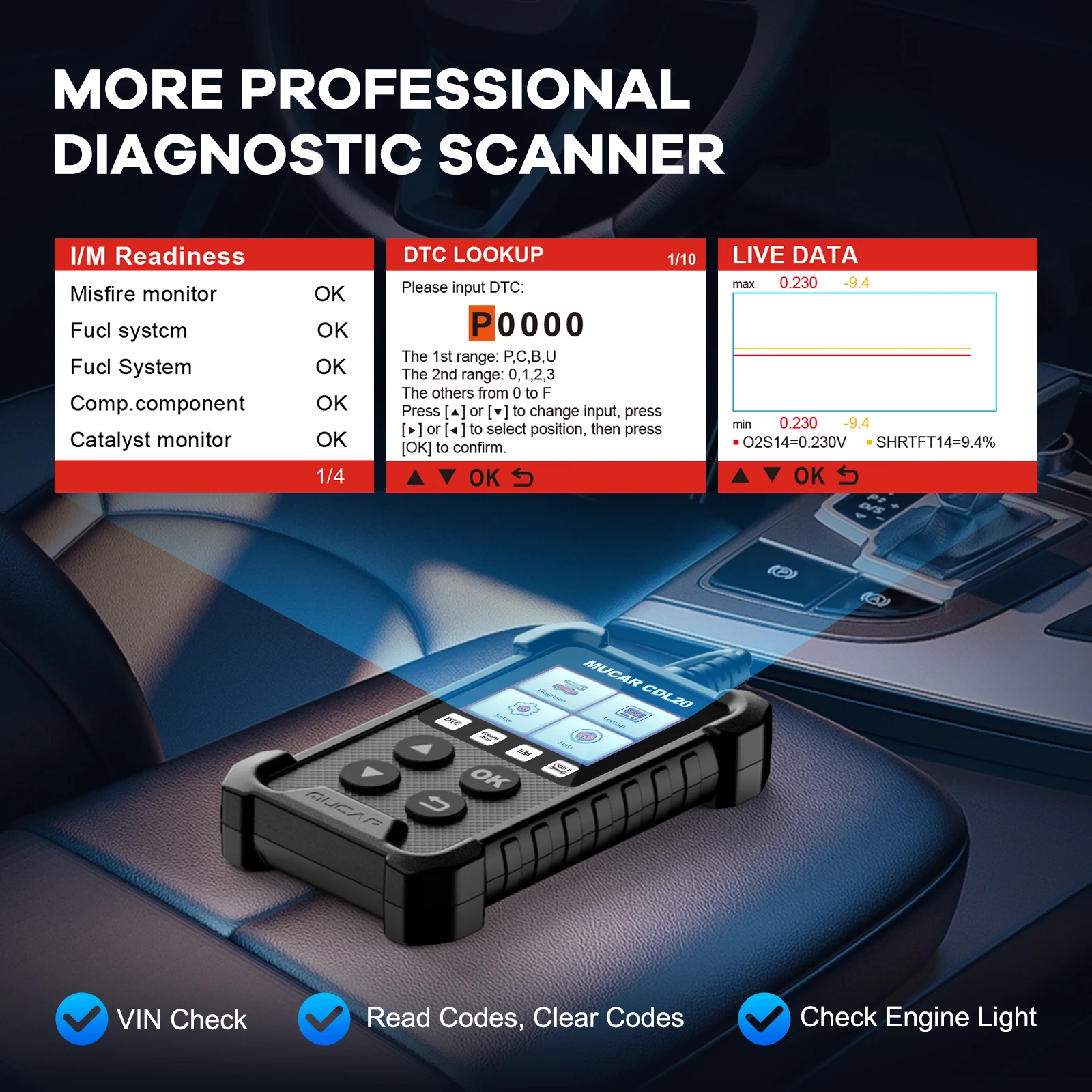 MUCAR CDL20 OBD2 scanner Automotive Diagnostic Tool with Check Engine System DTC lookup scan tools code reader Lifetime Free