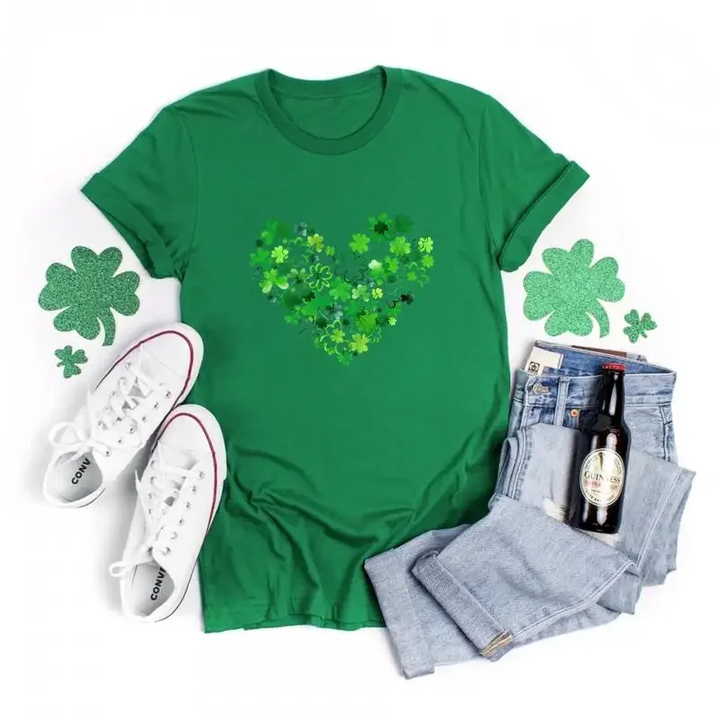 Women St Patrick's Day Printed T-Shirts Lucky Irish Shamrock Graphic Tees This Is My Lucky Shirt Tops Green Female Clothing