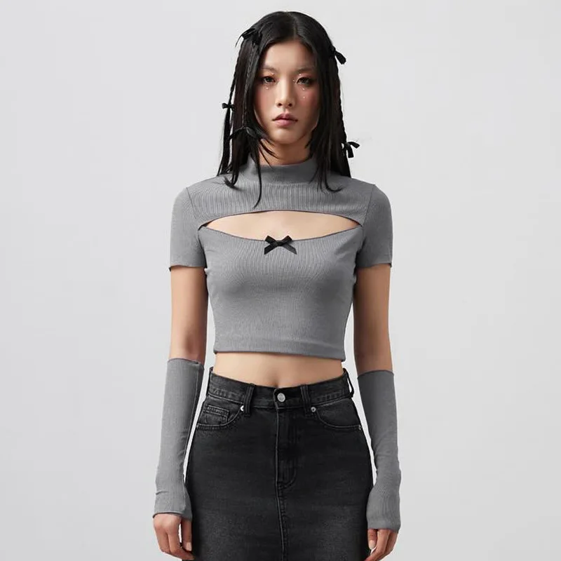 Summer new round neck with sleeve hollow out exposed navel high waist slim fit t-shirt for women