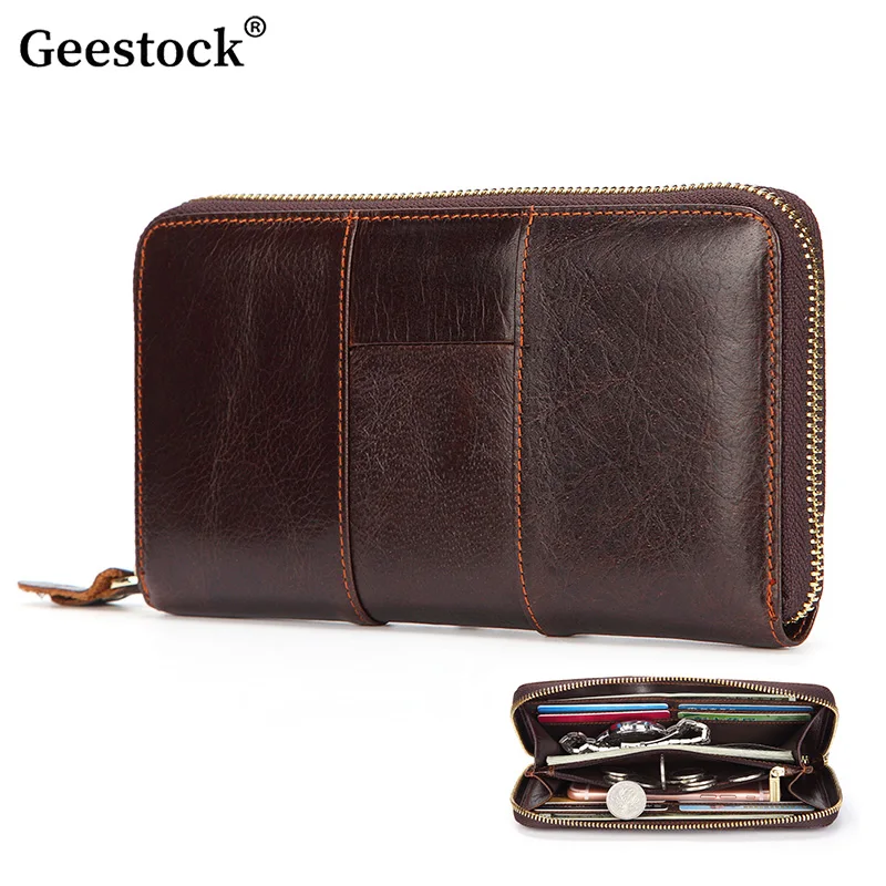 Geestock Leather Wallet Retro Pure Men's Spliced Long Wallet Oil Wax Cowhide Zipper Handbag Top Layer Leather Card Bag For Gift