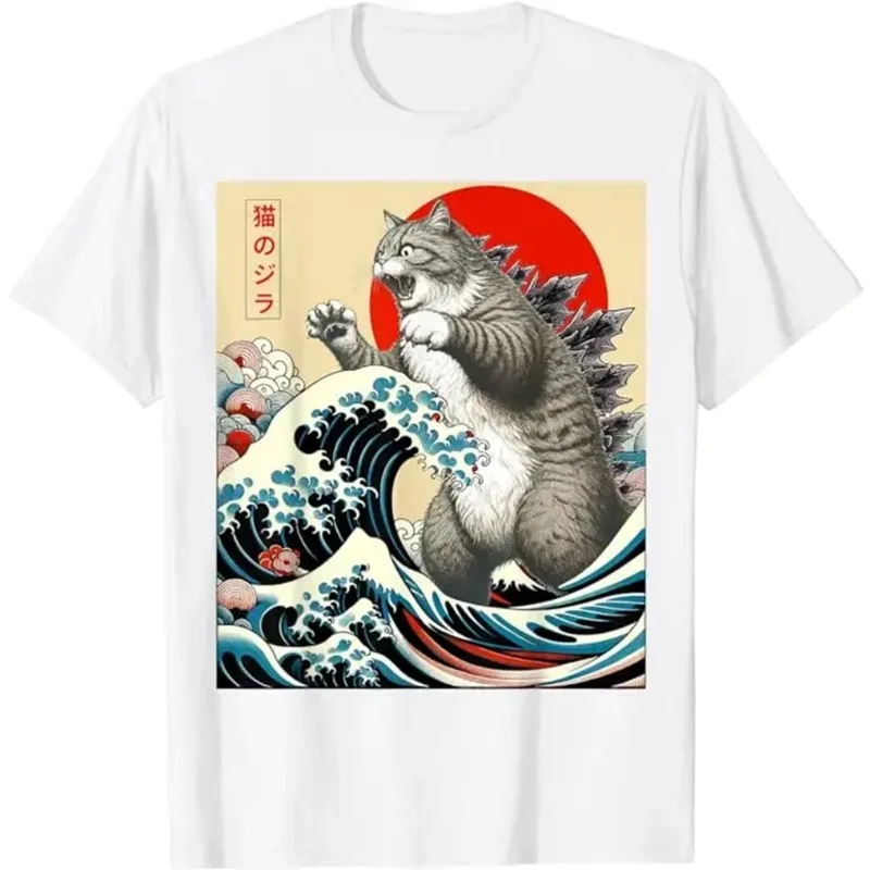 Catzilla Cat Japanese Art Fun Cat Print Men\'s Fashion T-shirt Gift Women\'s New Round Neck Short Sleeve Cotton T-shirt Top