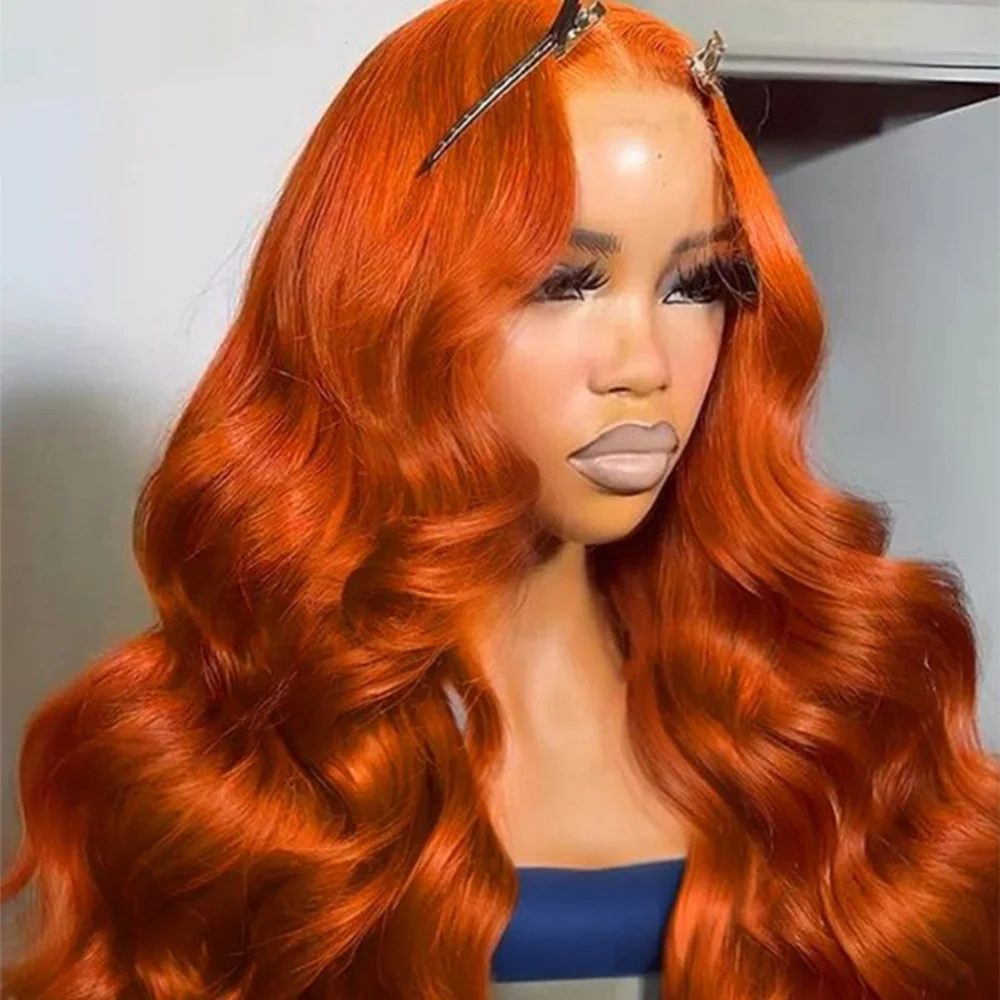 Gengibre laranja 350 perucas de cabelo humano onda do corpo 13x4 hd peruca frontal do laço 100% cabelo humano 250 densidade cabelo brasileiro para mulheres 34 Polegada