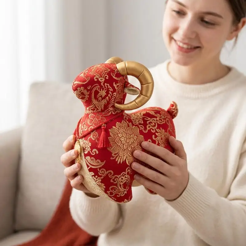 Hot Sale 1Pcs Chinese Zodiac Sheep Figurine Brocade Fabric Lucky Goat Statue For Home Tabletop Decoration New Year Gift