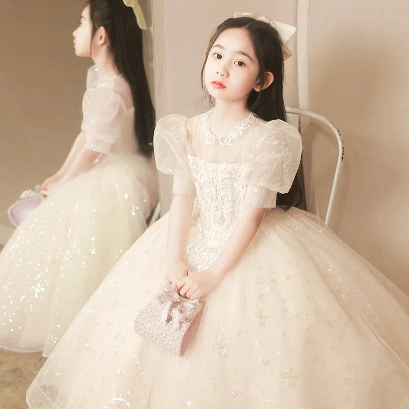 

Formal Dress For Flower Kid Wedding Girl 2023 New Champagne Lace Mesh Princess Dress Children Host Piano Performance Ball Gown