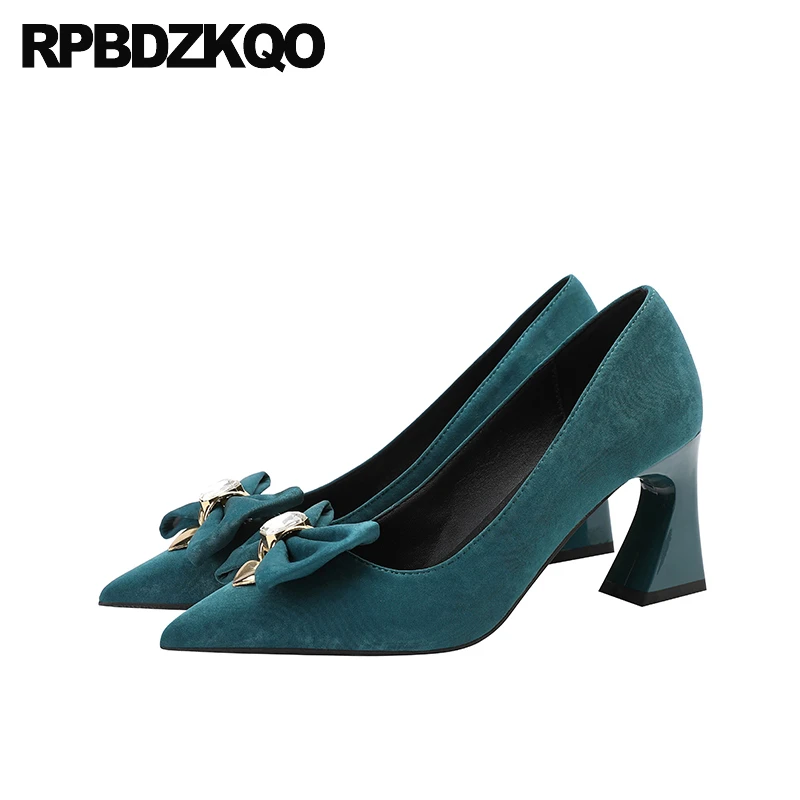 

Peacock Bowtie Rhinestone Big Size Velvet Slip On 43 Small Shoes 33 Jewel Pumps Pointy Toe Women High Heels Bowknot Block Heart