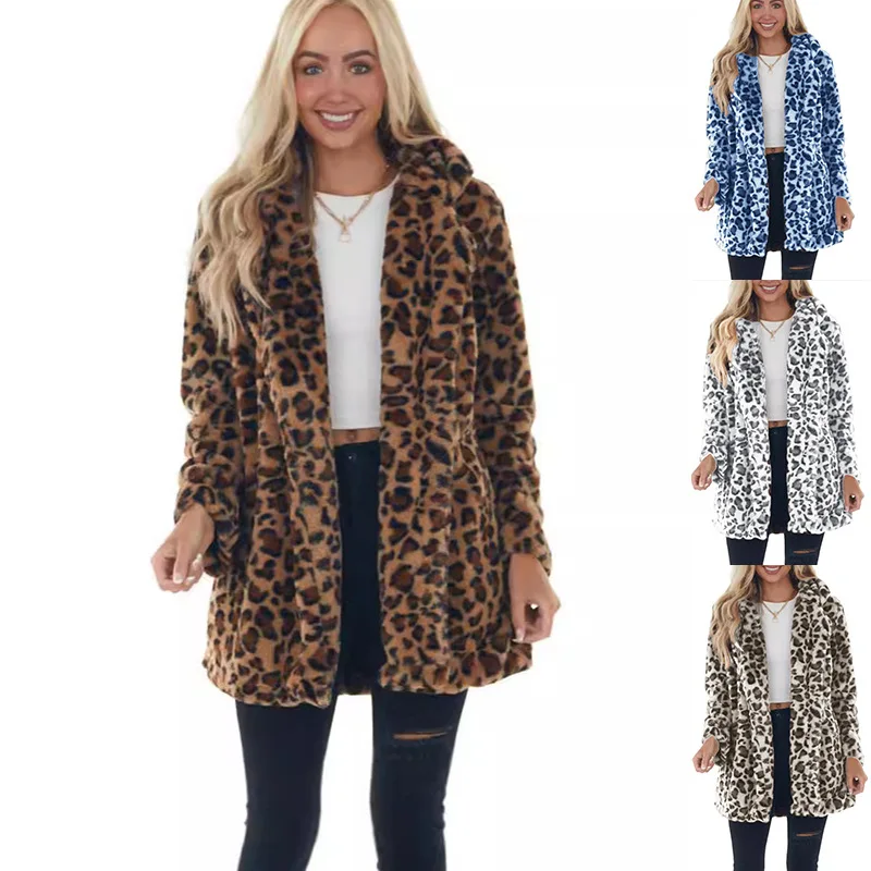 Autumn Winter Leopard Print Women's Fashion Outerwear Fake Fur with Pockets Loose Coat Medium Length Collarless Coat