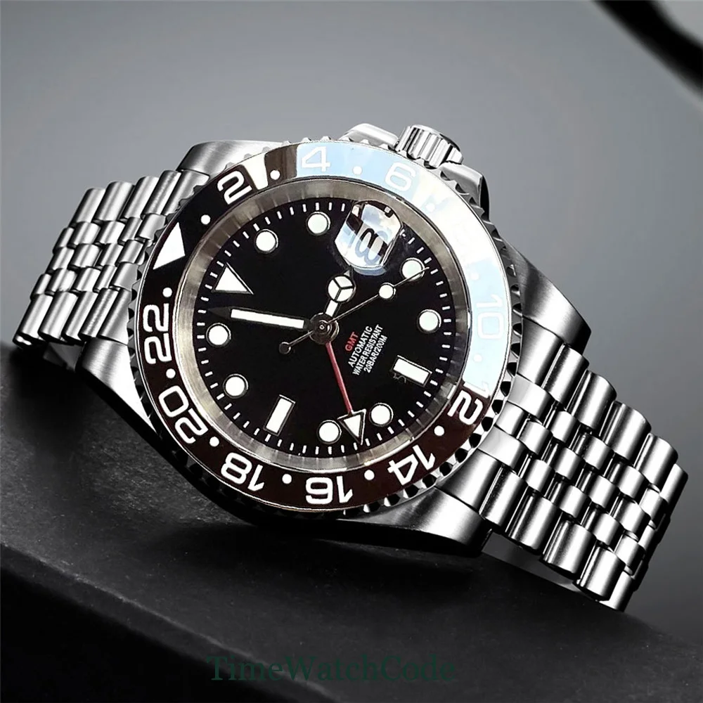 Tandorio 40mm NH34 Movement Automatic Watch For Men GMT Function Black Dial Sapphire Crystal Auto Date Jubilee/Oyster Bracelet