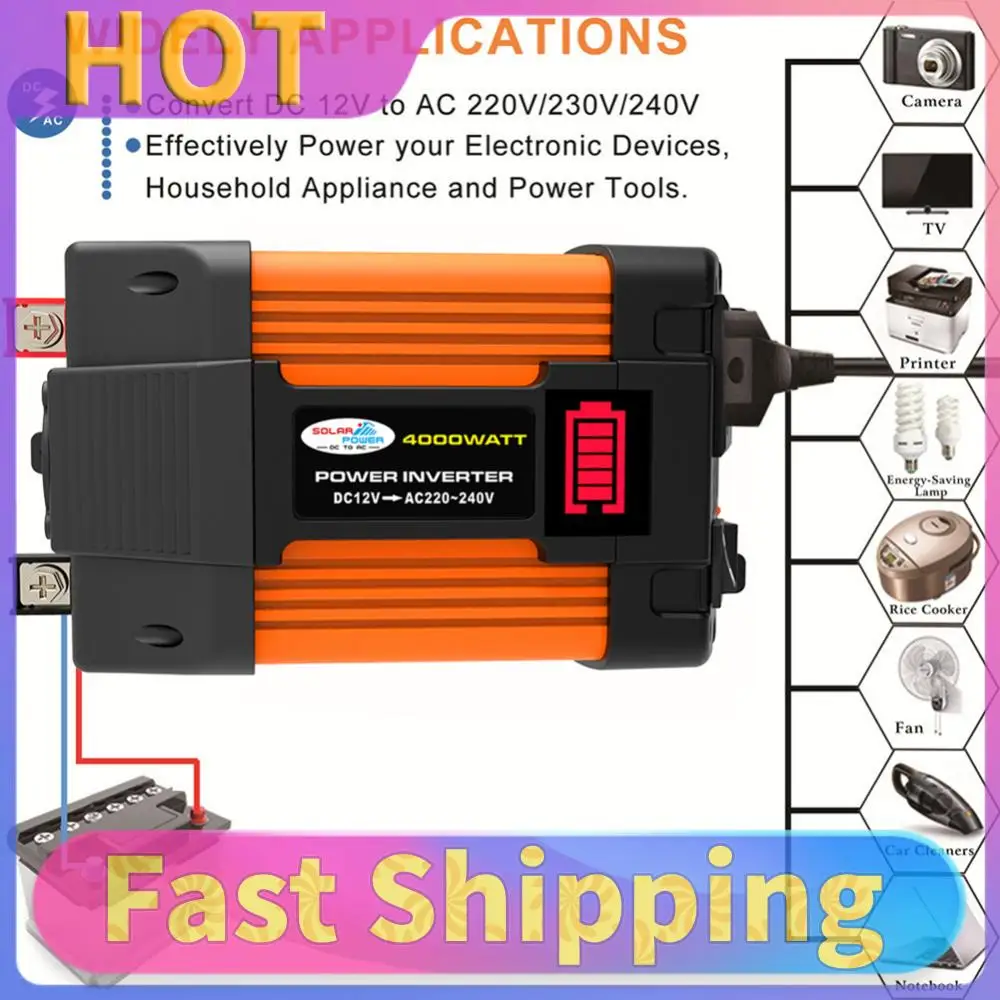 

Автомобильный инвертор-преобразователь напряжения с LED-дисплеем заряда батареи, двумя USB-портами, модифицированной синусоидальной волной и многоуровневой защитой для автомобилей и автодомов