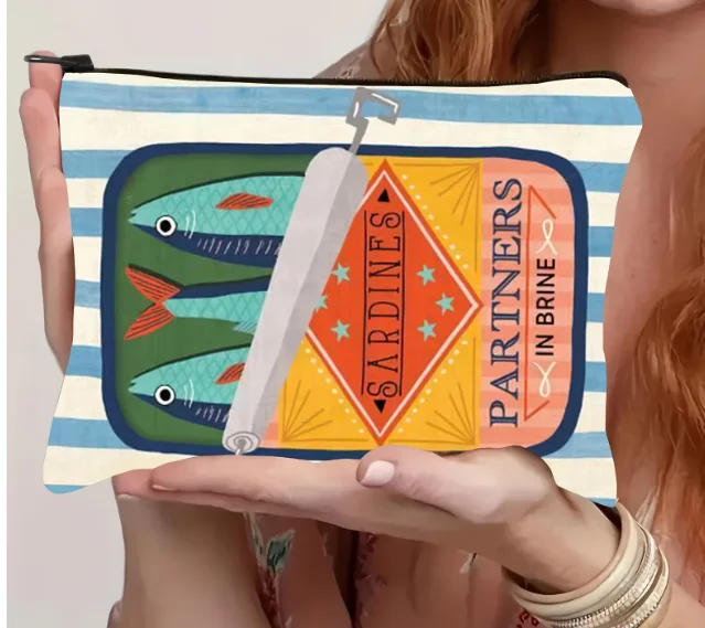Sardine Partners Graphic Makeup Bag - Beige, Foldable & Lightweight Linen Travel Pouch with Zipper Closure