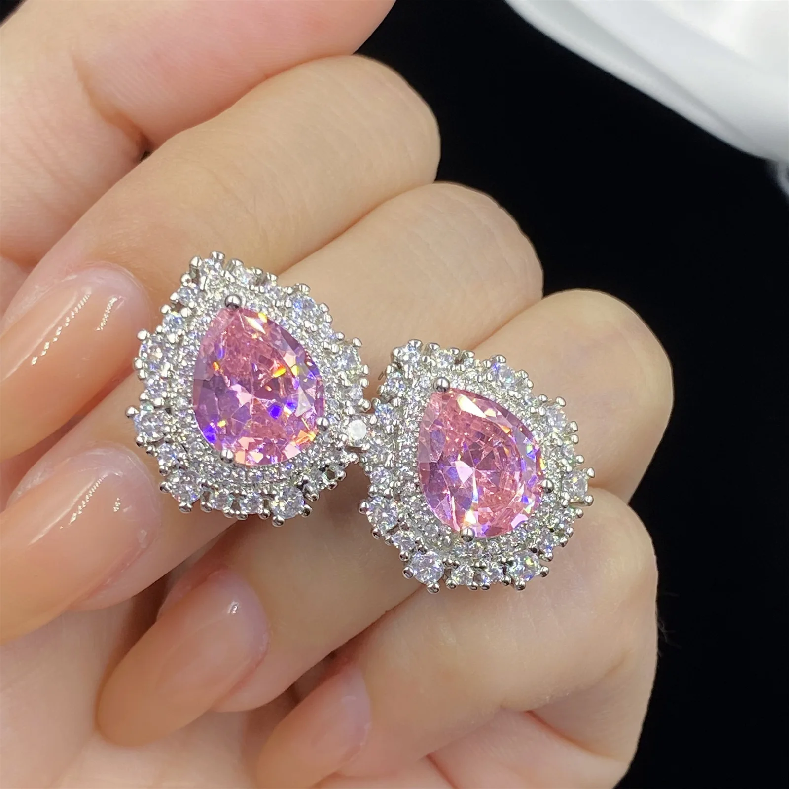 Romantic Genuine S925 Silver Sweet Pink Cubic Zirconia Delicate Necklace Ring Earring 3 Pieces Set for Women Girls Jewelry Set