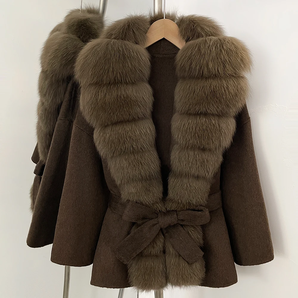 Laine laine manteau automne femme chaud nouvelle mode laine mélange chaud fourrure de renard manteau hiver femmes vêtements pour femmes vraie fourrure veste