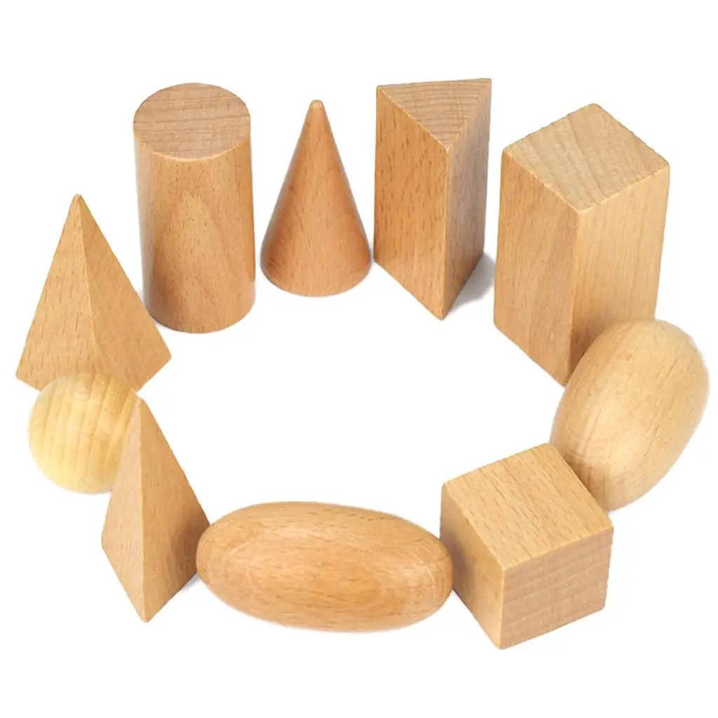 Conjunto de 10 brinquedos educativos montessori de matemática de sólidos geométricos de madeira para crianças