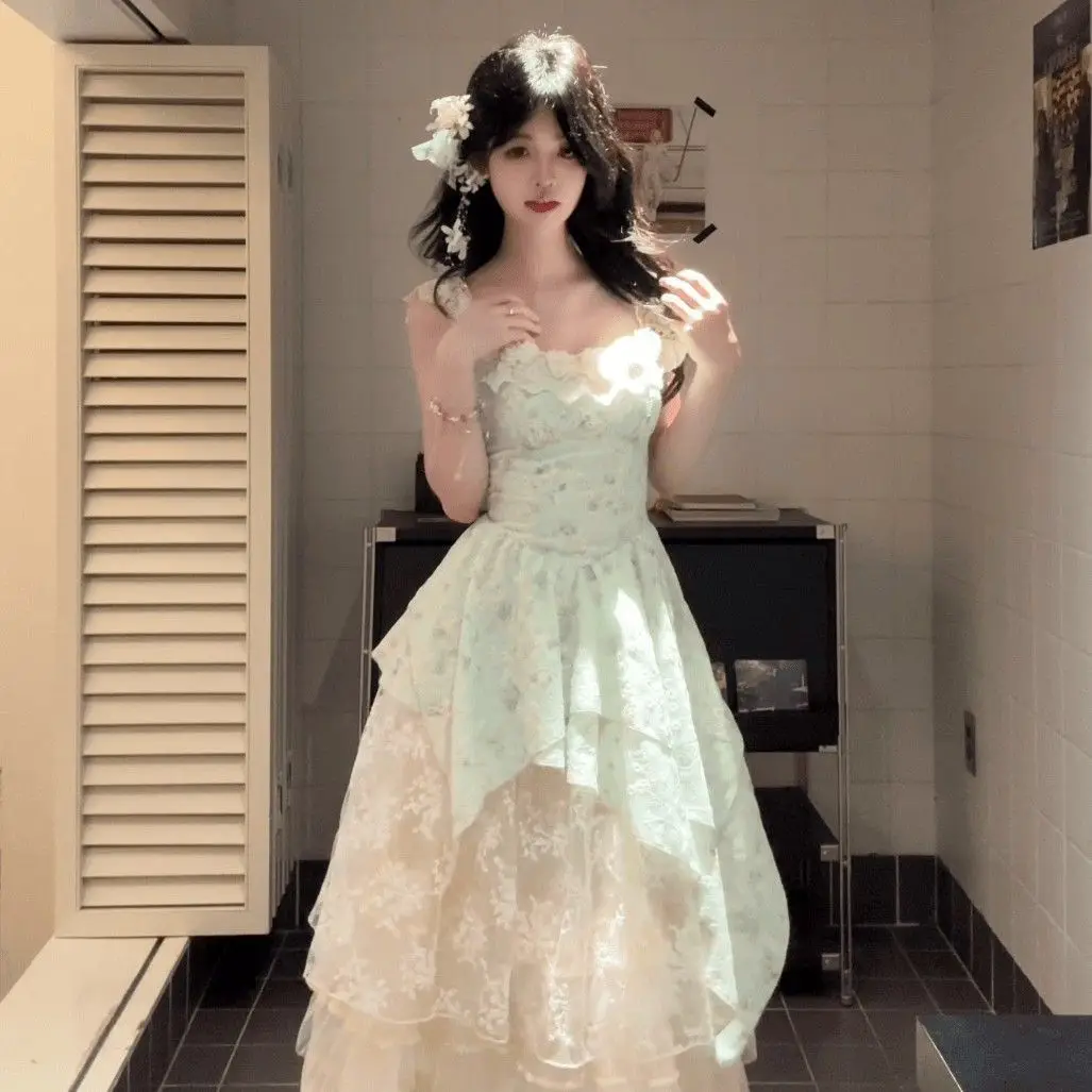 

Japan Sweet Holiday Style Lace-Up Short Sleeve Dress Autumn Waist Super Fairy Mint Green A-Line Long Skirt