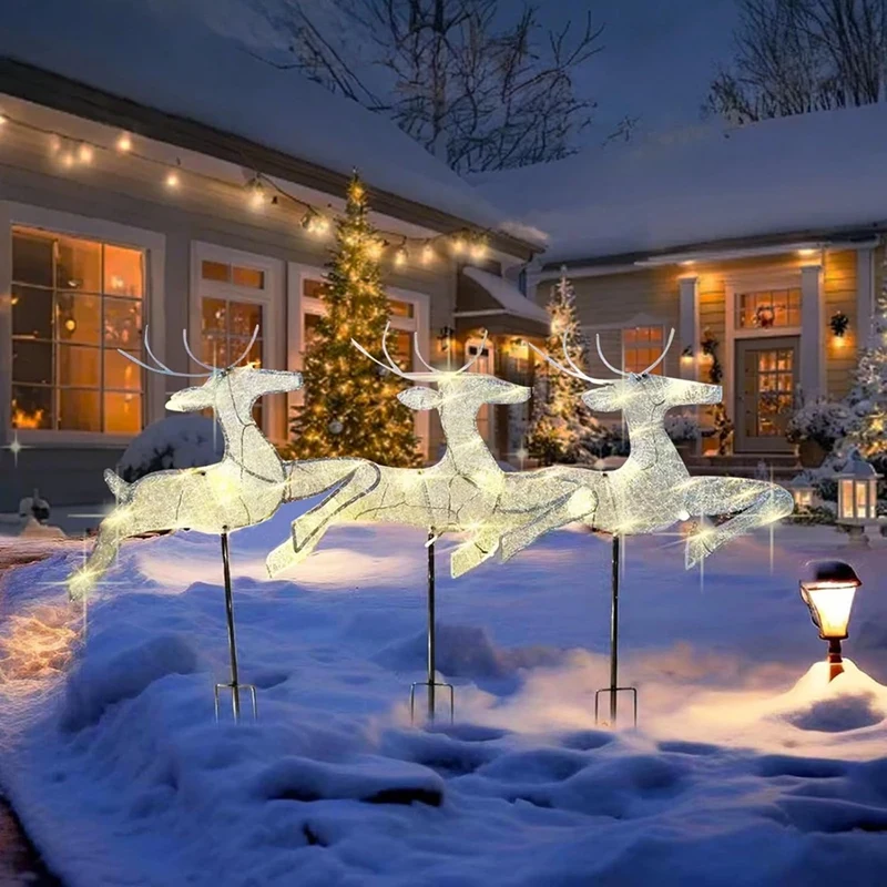 3PCS Christmas Outdoor Decoration Lights Lighted Decorations 2D Reindeer Family Outdoor Lawn Yard Decorations Light