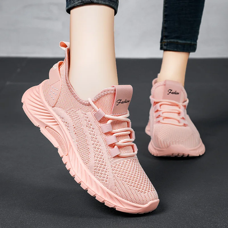 Women Breathable Knit Sneakers Elastic Lace Up Casual Shoes Lightweight Platform Running Shoes Fashion Mesh Non Slip Trainers
