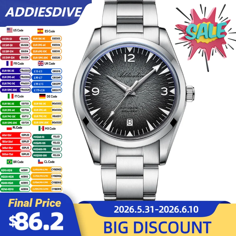

ADDIESDIVE Men Gada Watch 39mm Gradient Wave Texture Automatic Watches Waterproof 10Bar Luminous Stainless Luxury Dress Watch