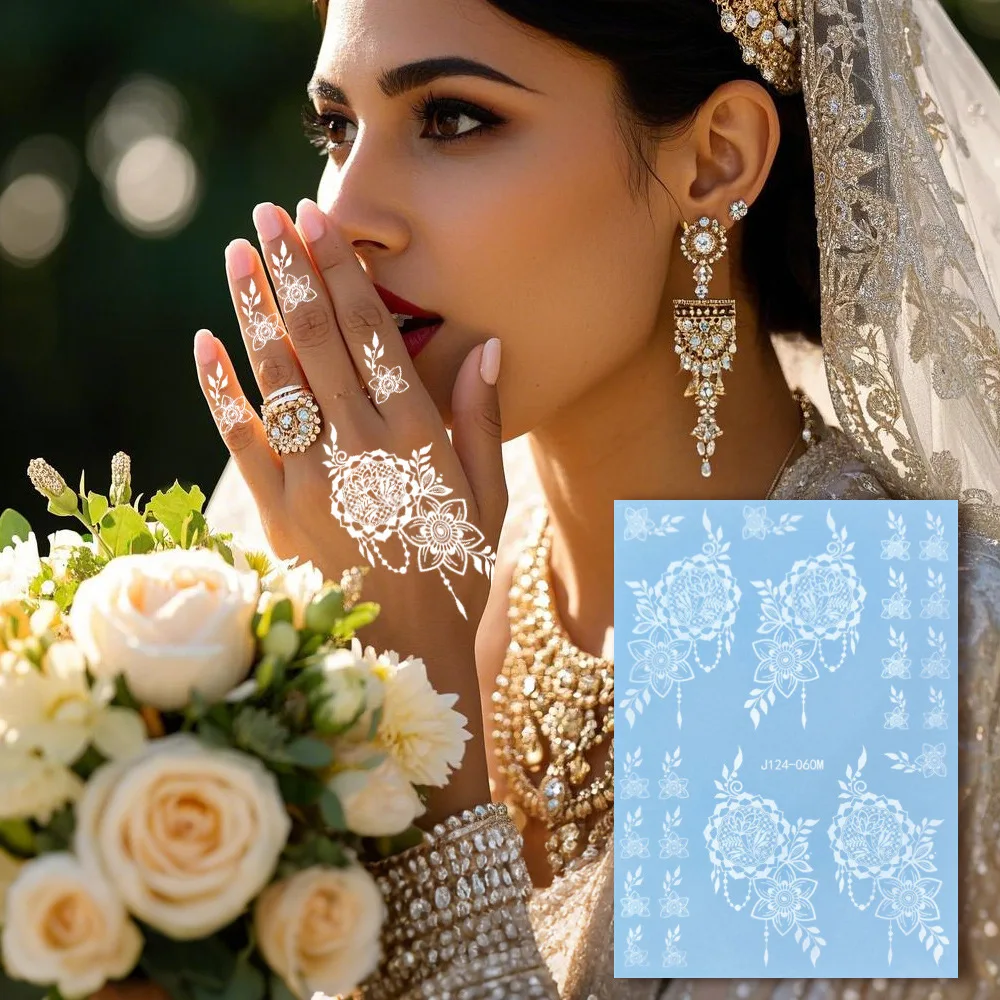 

Back of Hand White Henna Lace Temporary Tattoos,Tattoo Stickers,Waterproof Long-Lasting,Fake Tattoo,body art for Party Festival