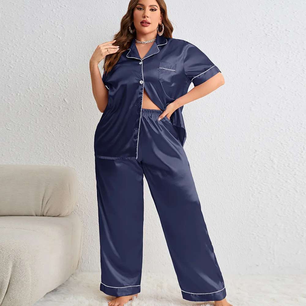 Solid Color Lapel Sleepwear Silk Imitation Nightgown Half Sleeve Long Pant Pajamas Two-piece Set Home Casual Clothes for Women