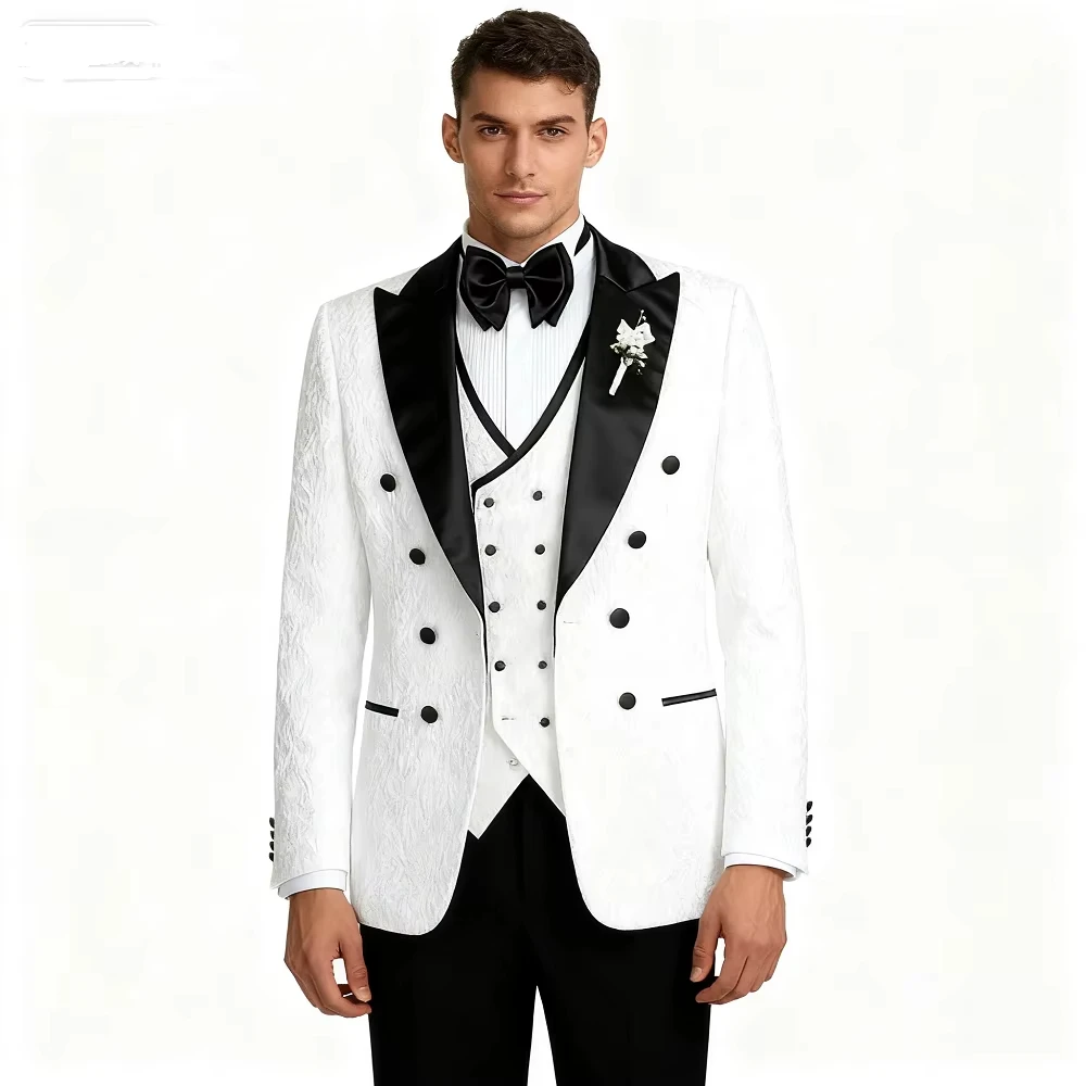 Men's Wedding Tuxedo Jacquard 3-Piece Set Jacket with Vest Peak Lapel Groom's Fashion Suit Male Wedding Attire