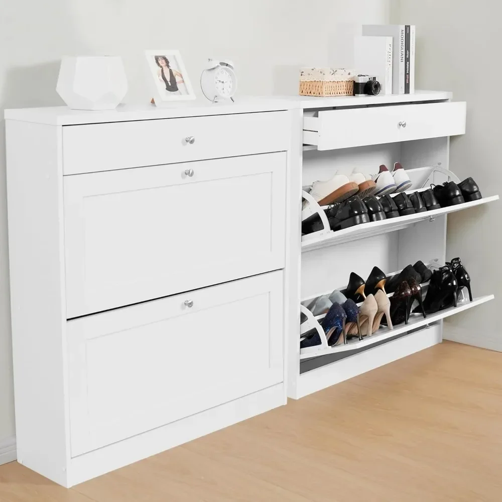

Shoe Cabinets, 35.4" W X 10" D X 41" H Set of 2 with 2 Flip Drawers & 1 Drawer, Wooden Hidden FreeStanding Shoe Cabinets